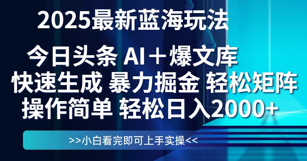 （14805期）今日头条2025最新蓝海玩法，思路简单，复制粘贴，轻松实现矩阵日入2000+ - 网创资源网-网创资源网
