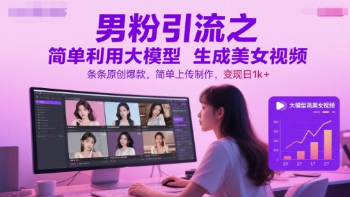 男粉引流之简单利用大模型生成美女视频,条条原创爆款,简单上传制作,变现日1k+ - 网创资源网-网创资源网