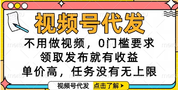 视频号代发，不用做视频，0门槛要求，领取发布就有收益，单价高，任务没有无上限【揭秘】 - 网创资源网-网创资源网
