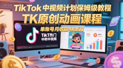 TikTok中视频计划保姆级教程，TK原创动画课程，单账号月收益4k美刀 - 网创资源网-网创资源网