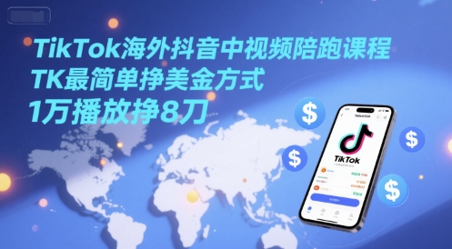 TikTok海外抖音中视频陪跑课程，TK最简单挣美金方式，1万播放挣8刀 - 网创资源网-网创资源网
